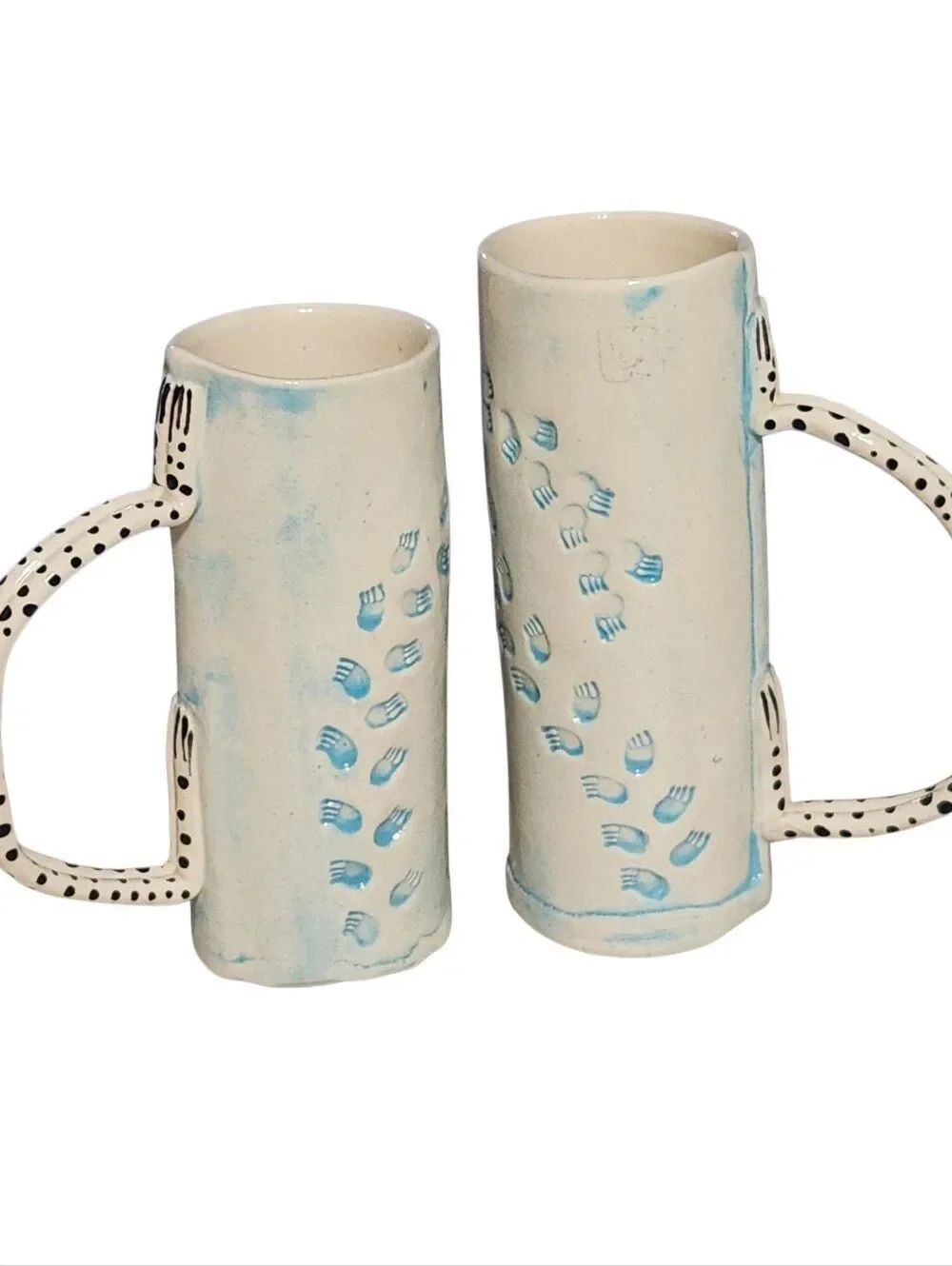 Lori Mehan Mug Set of Two Tall Cup Ceramic Pottery Dog Paw Prints w/ Handle